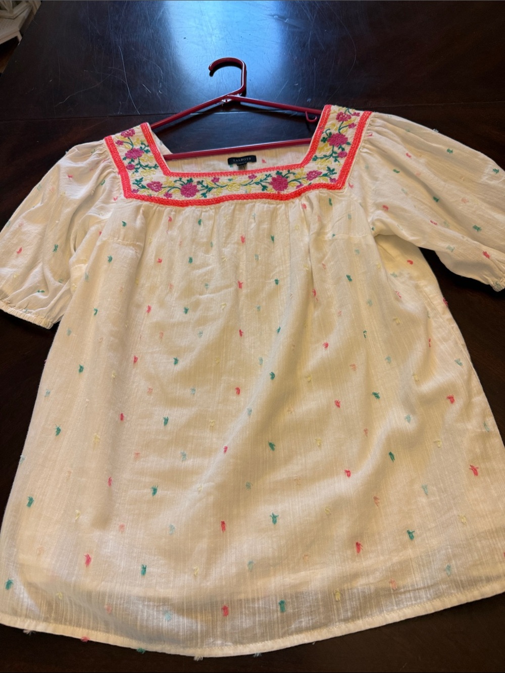 Talbots White Embroidered Square-Neck Top with Pink & Green Accents
